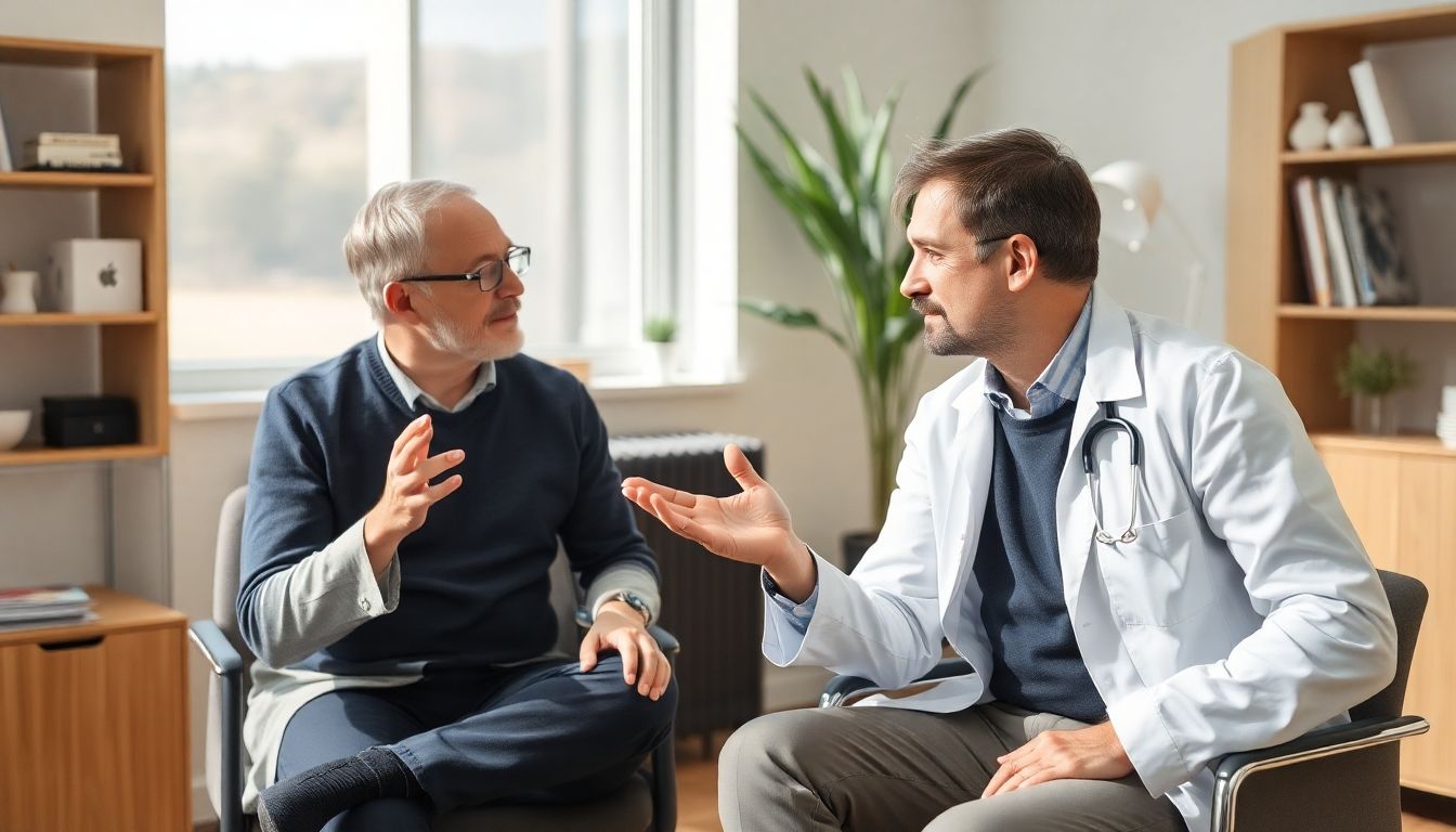 Thorakotomie: Arzt und Patient besprechen Befunde in heller Praxis.
