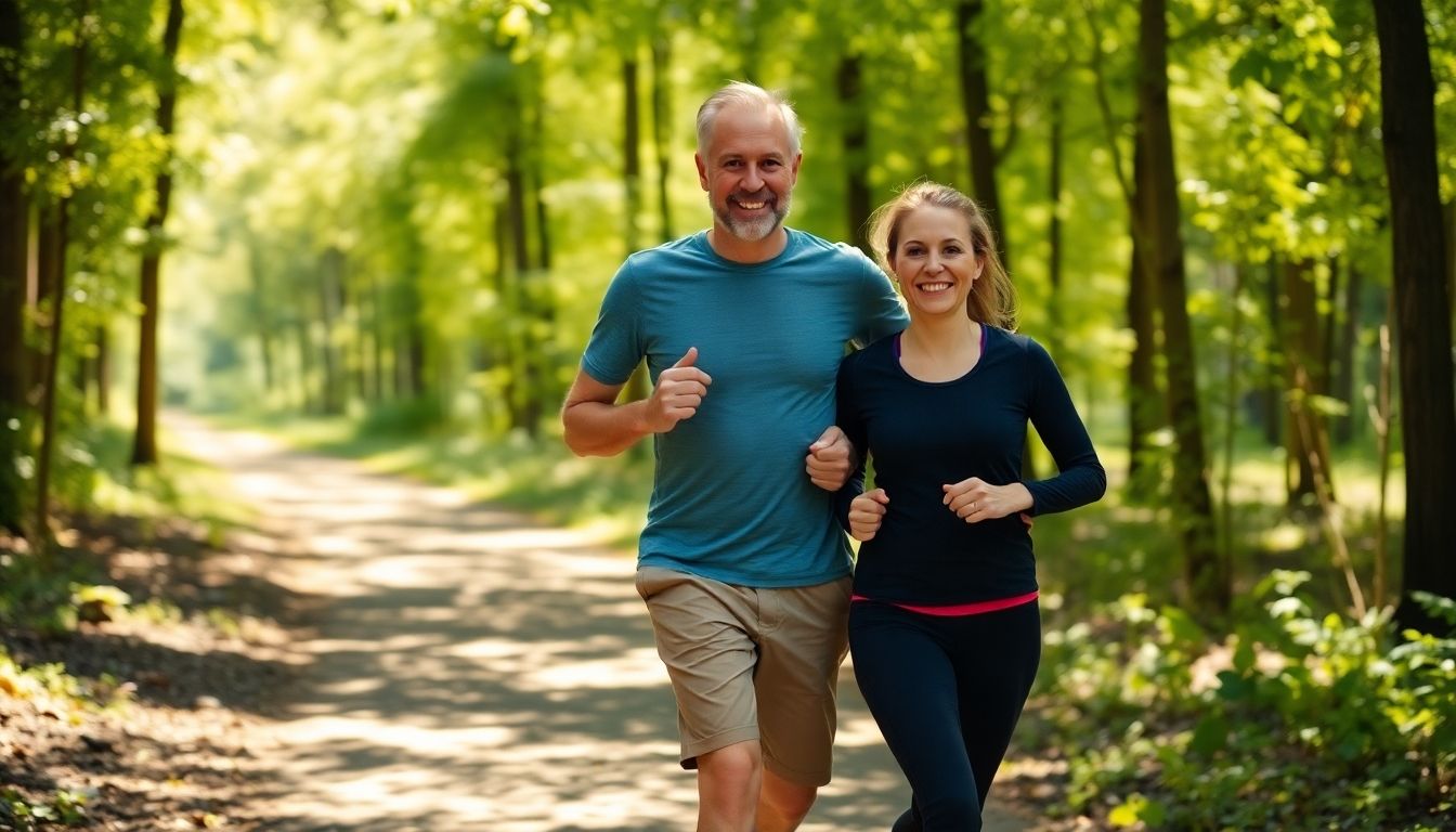 Knie-TEP: Man and woman jogging together in a forest.