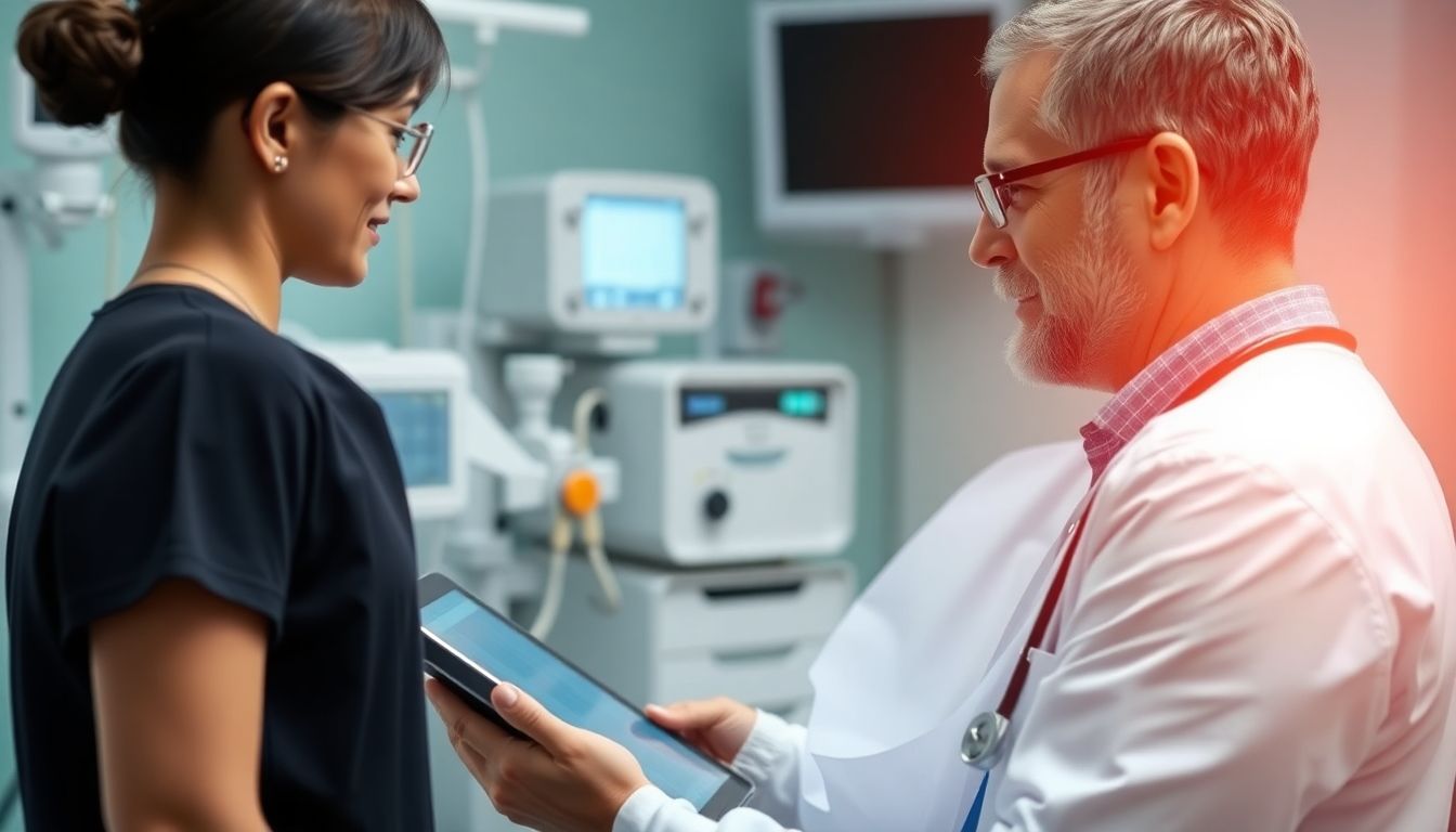 Legionellose: Doctor with tablet in a clinical setting.
