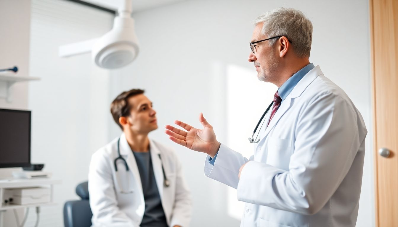 Zystektomie: Arzt und Patient sprechen in einer hellen Praxis.