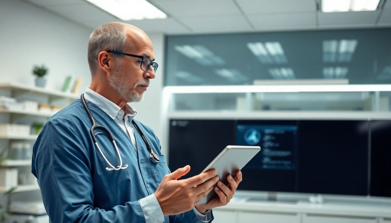 Zystektomie: Arzt mit Tablet in heller Praxisumgebung
