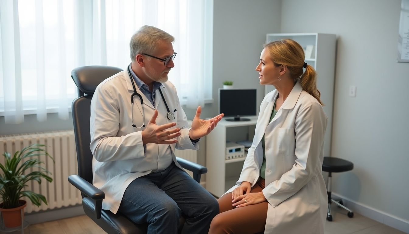 Arzt erklärt einer Patientin die Infiltrationstherapie.