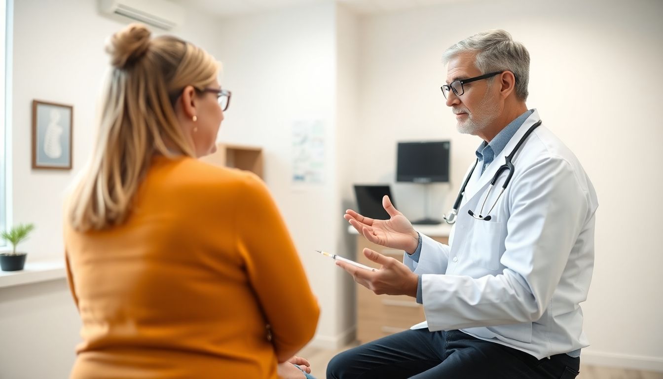 Infiltration bei Rückenschmerzen: Doctor and patient in a bright practice discussing back pain treatment.