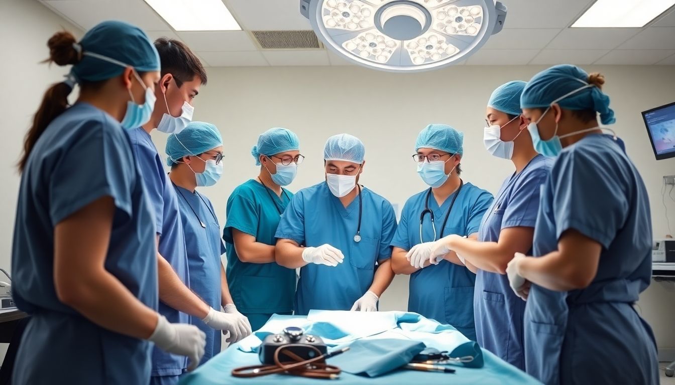 Spinalanästhesie: Doctors discussing a medical procedure in a modern operating room.