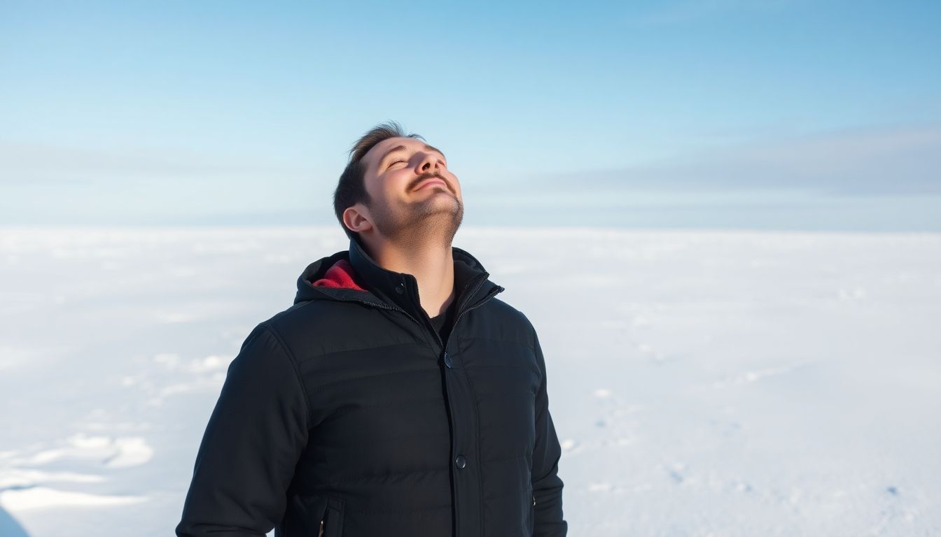 Klimatherapie: Man standing in a snowy landscape, breathing deeply.