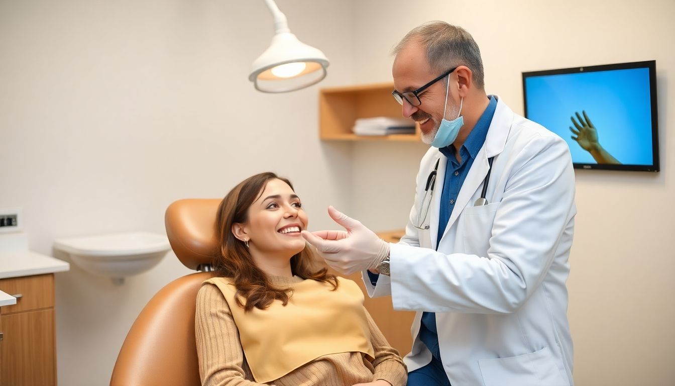 Zahnarzt berät Patientin über feste Zahnspange.