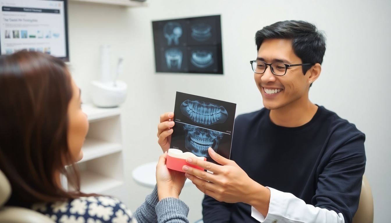 Dentist and patient discussing treatment options.