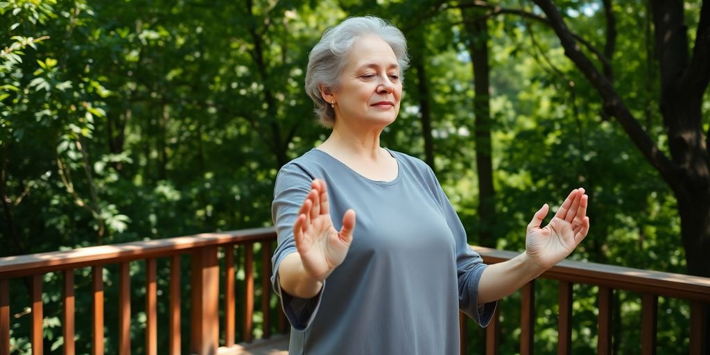 Ältere Frau praktiziert Taiji im Freien