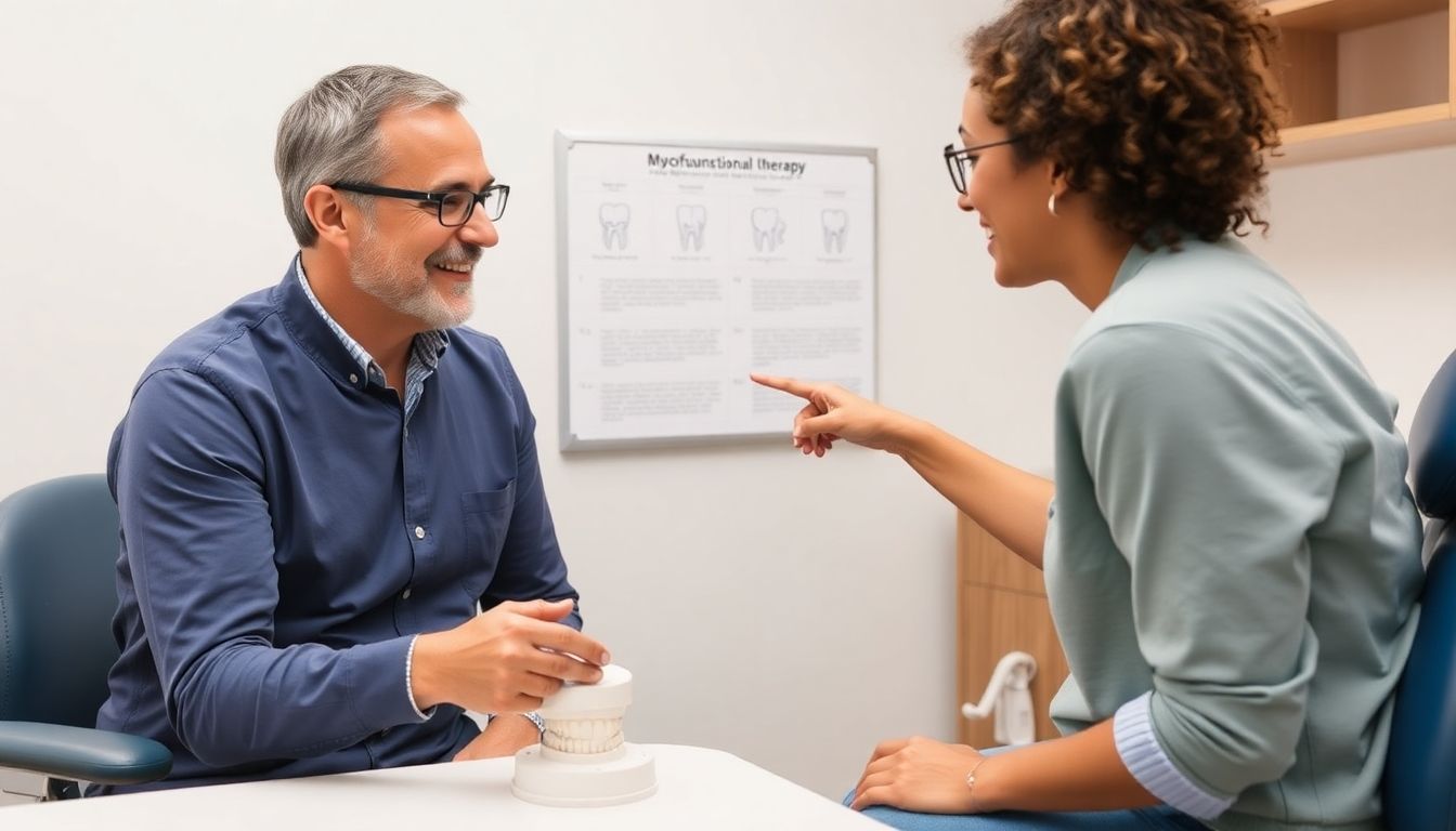 Myofunktionelle Schienen: Dentist discussing treatment options with a patient.