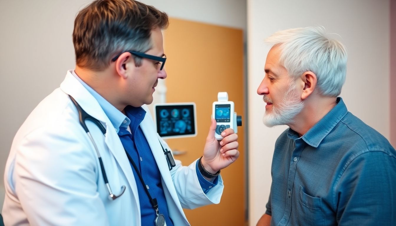 Augeninnendruckmessung: Augenarzt bespricht Untersuchungsergebnisse mit einem Patienten.