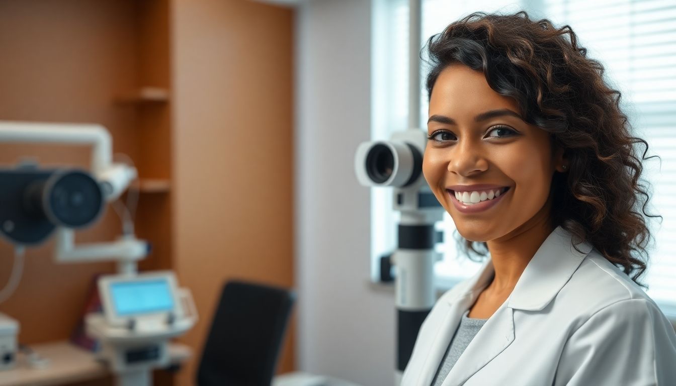 Augeninnendruckmessung: Smiling ophthalmologist in a modern examination room.