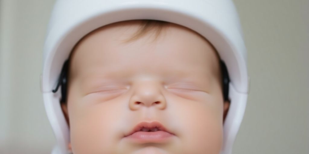 Baby mit Helm auf dem Kopf
