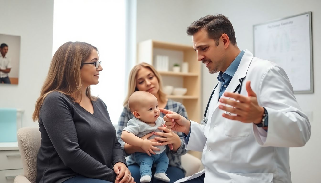 Doctor, parents, and baby in a bright medical office.