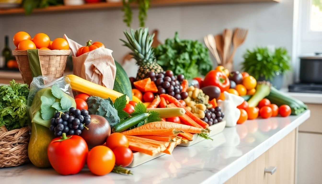 Einlauf und Darmgesundheit: Ein ganzheitlicher Blick. Fresh fruits and vegetables arranged attractively in a kitchen.
