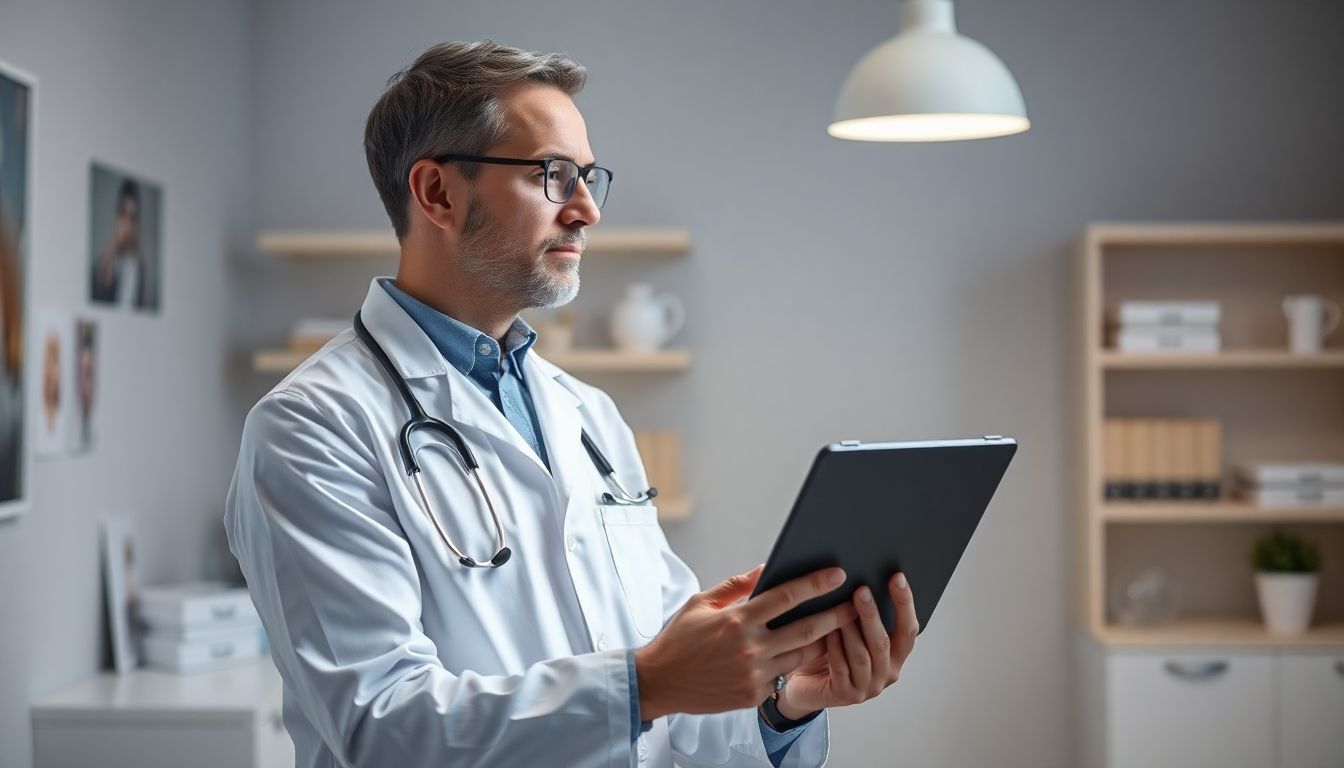 Biliopankreatischen Diversion: Arzt mit Tablet in heller Praxisumgebung