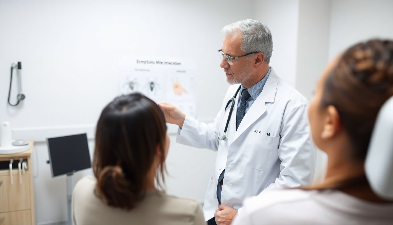 Milbenbefall und psychische Gesundheit: Doctor and patient discussing mite infestation symptoms.