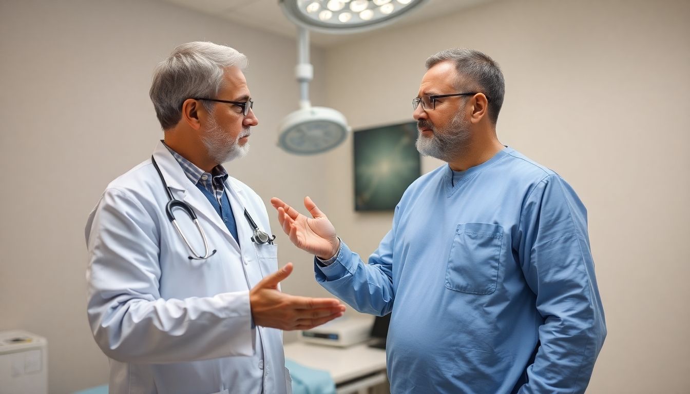 Arzt bespricht Laparotomie-Optionen mit einem Patienten in einer Praxis.