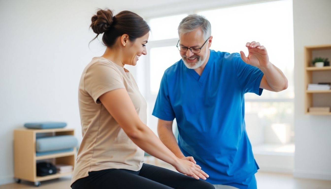 Laparotomie: Physiotherapist guiding a patient through exercises.
