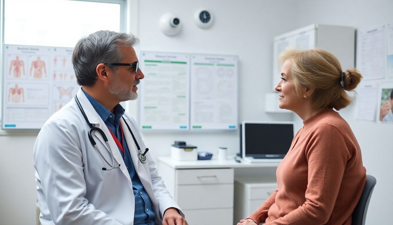 Diagnose der Schistosoma: Doctor consulting patient in a bright medical office.