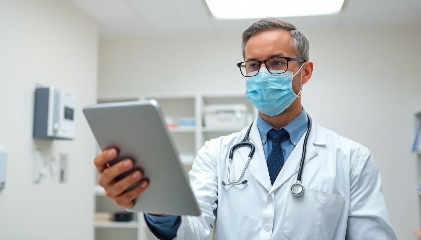 Arzt mit Tablet in heller Praxisumgebung