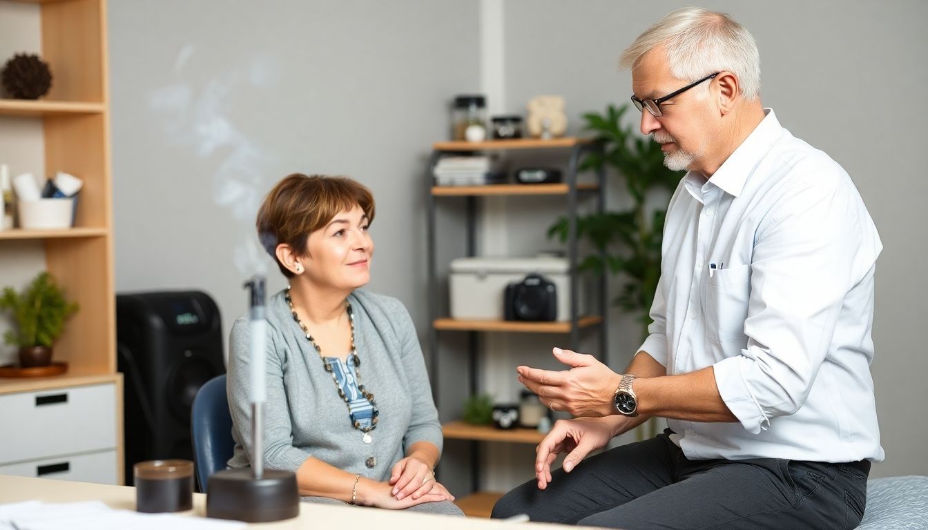 Heilpraktiker bespricht Moxibustion-Anwendung mit Patient.