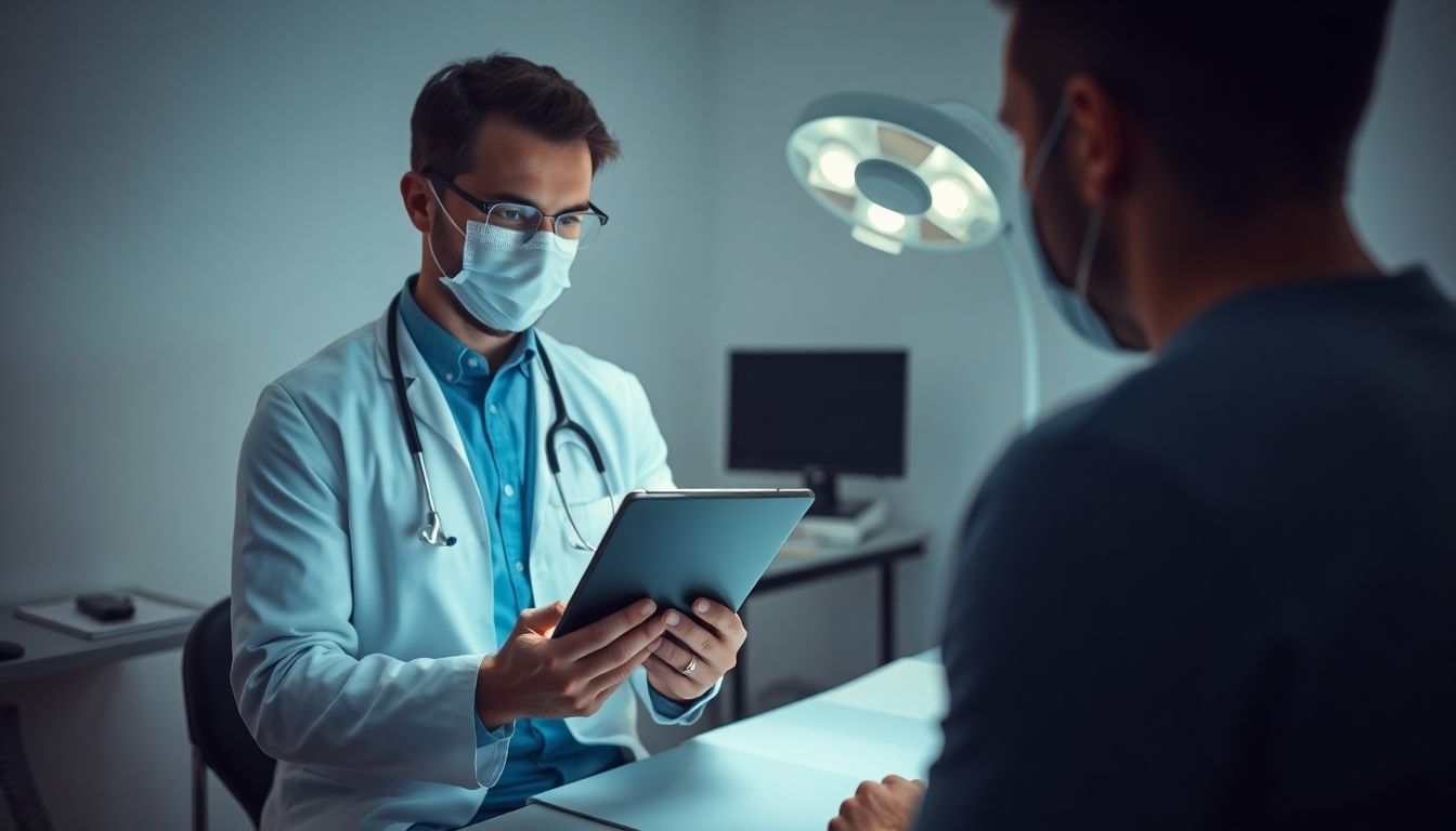 Arzt erklärt Tablet-Inhalt zu Penisprothesen.
