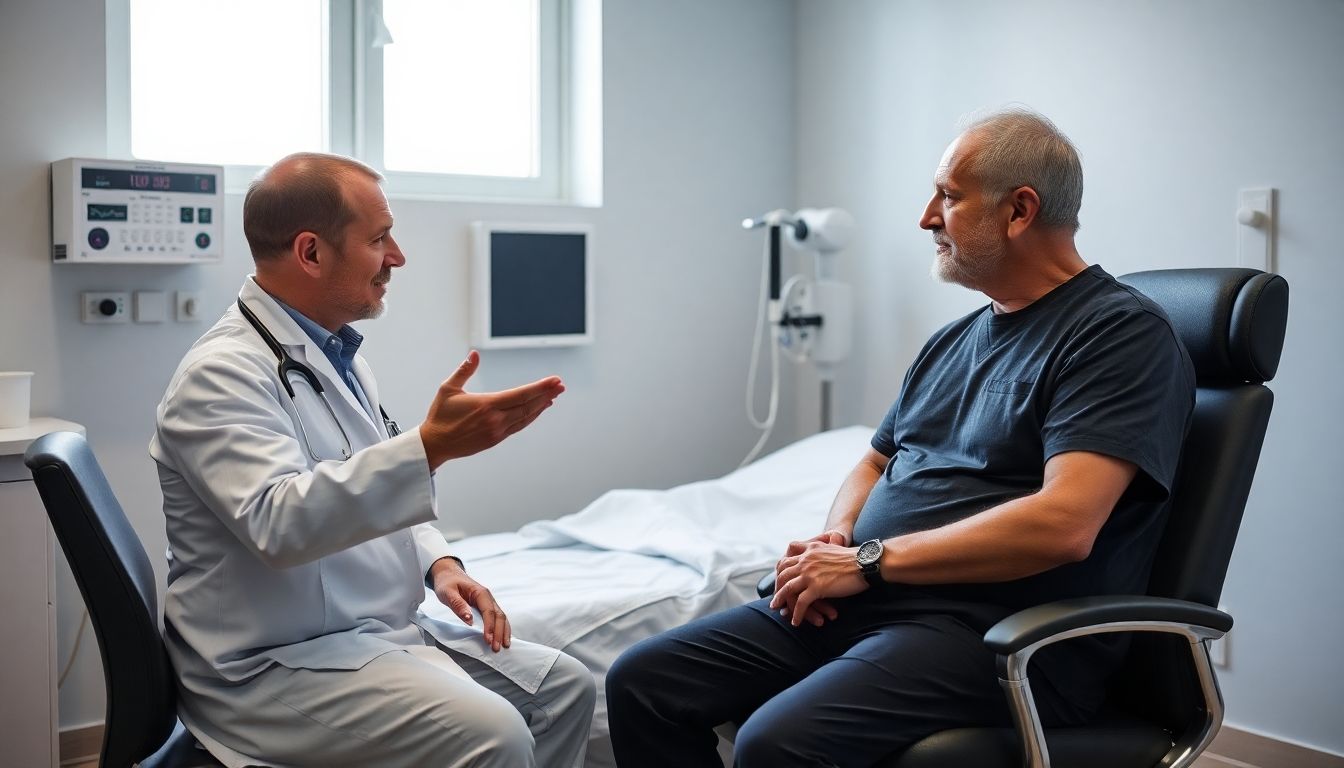 Arzt berät übergewichtigen Patienten über Magenbypass-Operation.