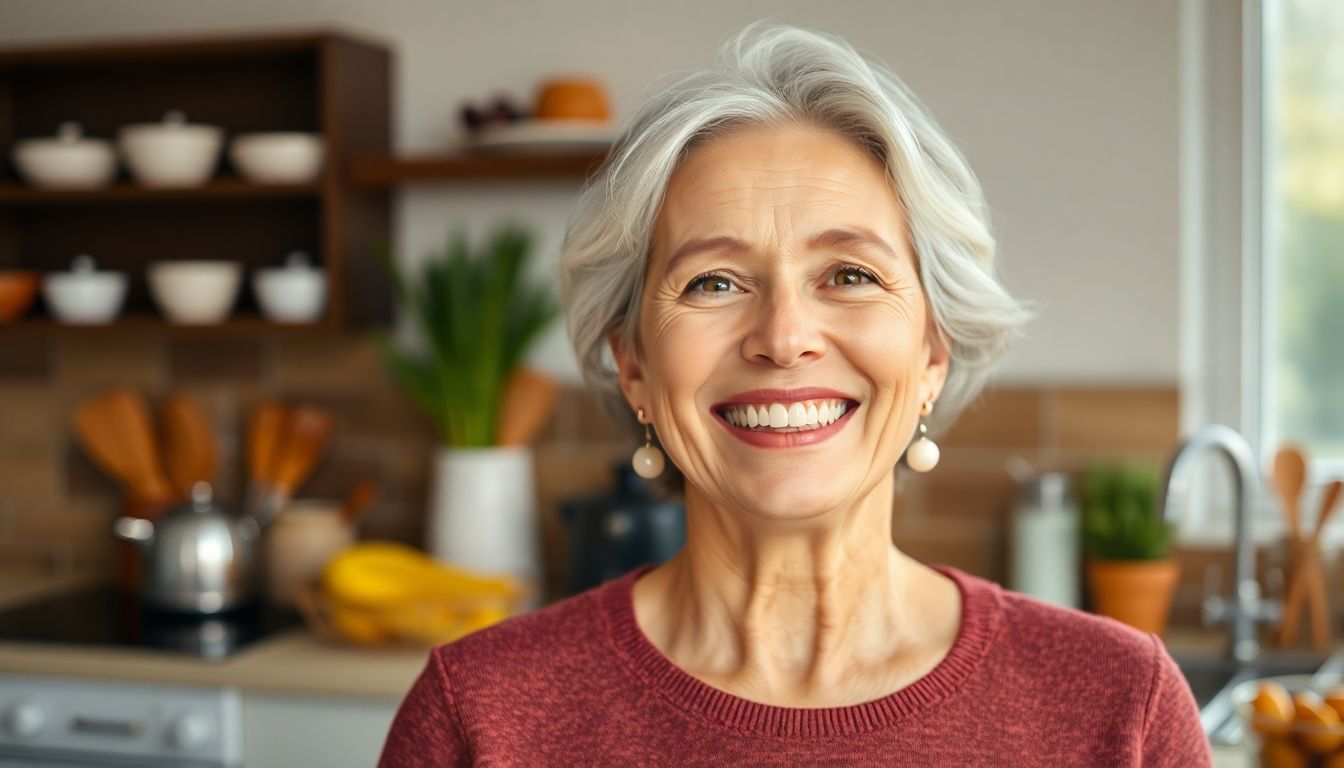 Frau mit Zahnprothese lächelt in der Küche.