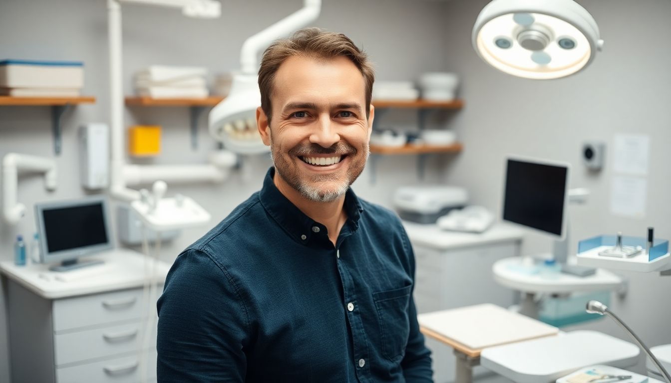 Zahnprothese: Man smiling in a dental workshop.