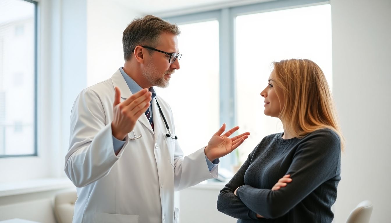 Oxyvenierung: Doctor and patient in a bright practice room discussing treatment.