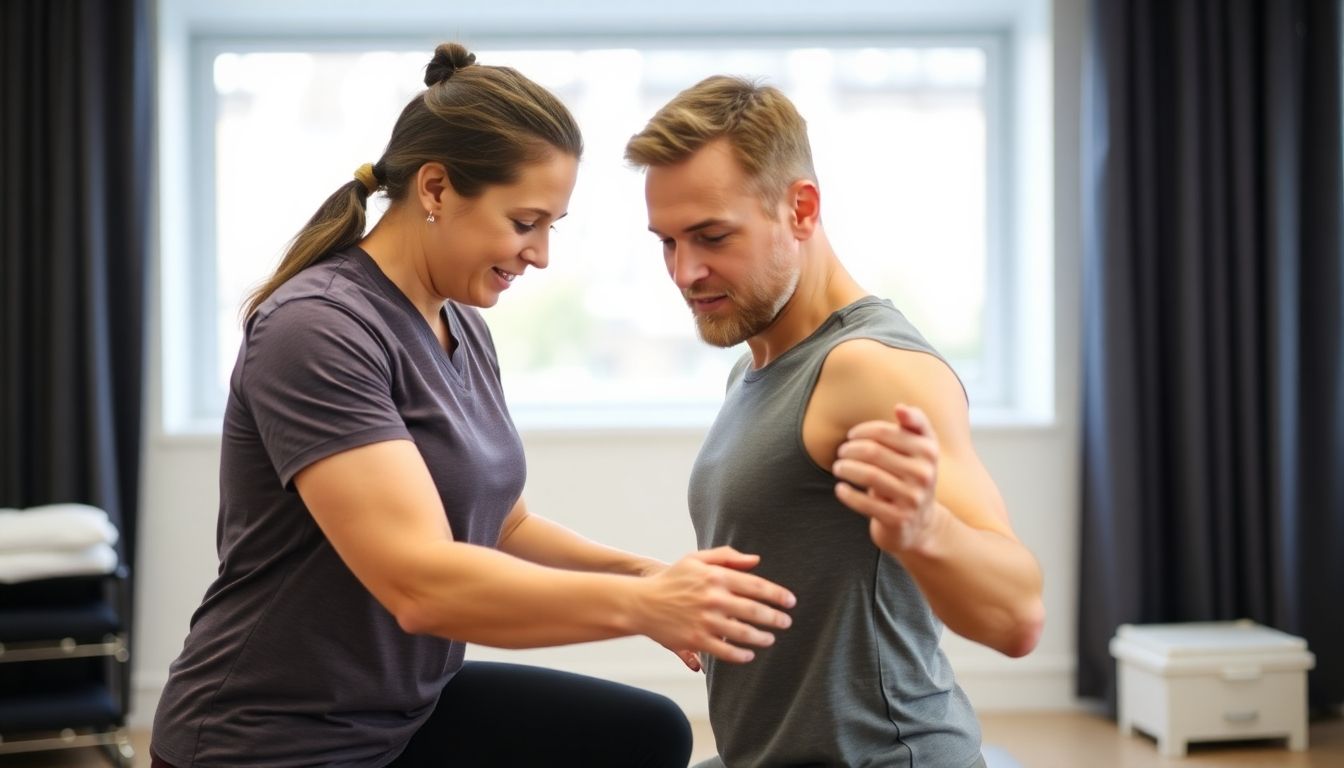 Physiotherapist guiding a patient through exercises.