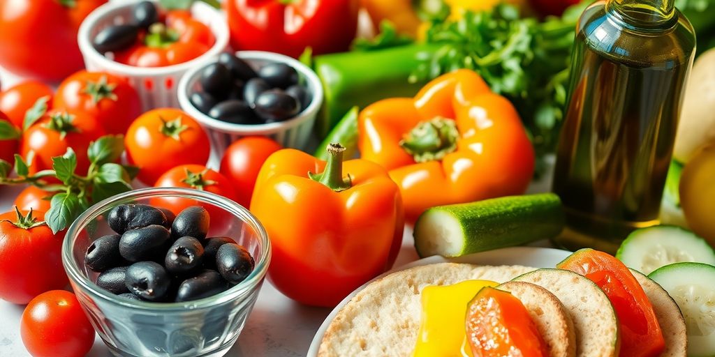Bunte mediterrane Mahlzeit mit Oliven, Gemüse und Olivenöl