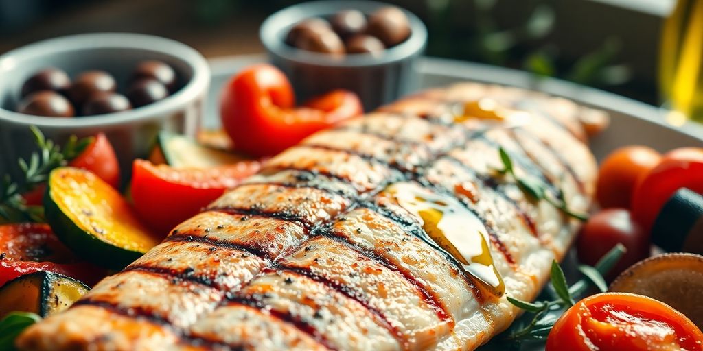 Bunte mediterrane Speisen mit Fisch und Gemüse.