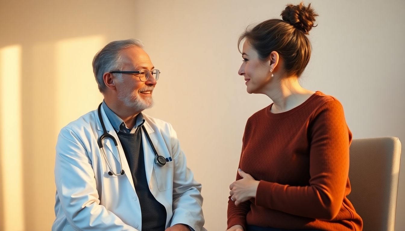 Arzt spricht mit Patientin in heller Praxis über Schwangerschaftsabbruch.