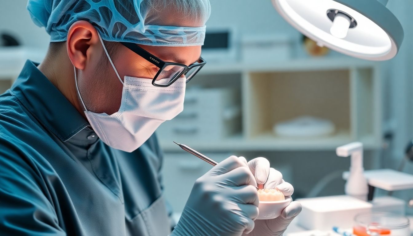 Zahntechniker arbeitet sorgfältig im Labor an Zahnersatz.