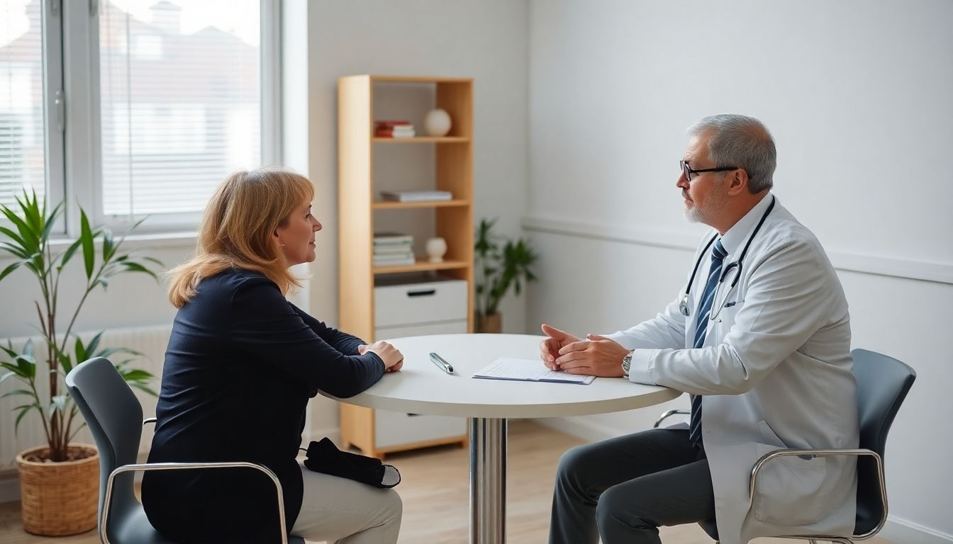 Frau bespricht mit Arzt über eingewachsenen Zehennagel.