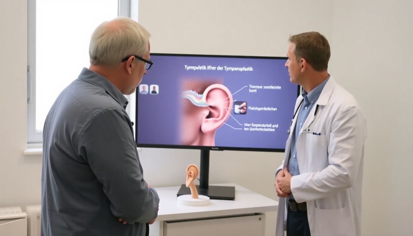 Arzt erklärt einem Patienten das Ohr.