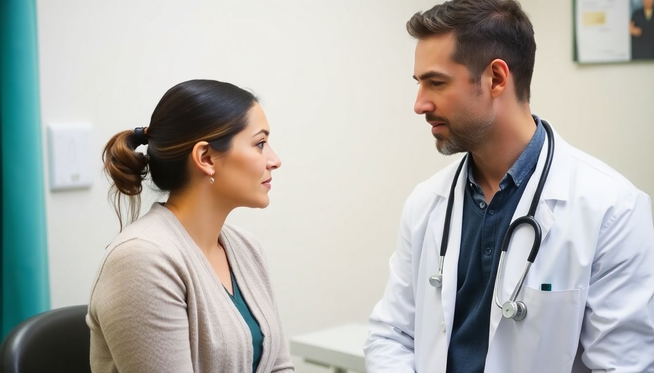 Tympanoplastik: Doctor consulting with a female patient about her ear.