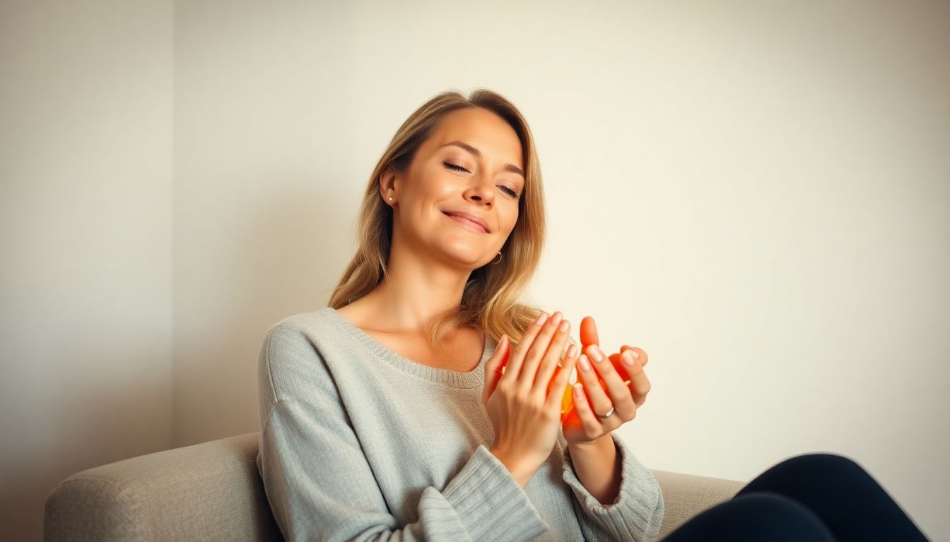 Frau lächelt entspannt, während sie eine Wärmeanwendung genießt.