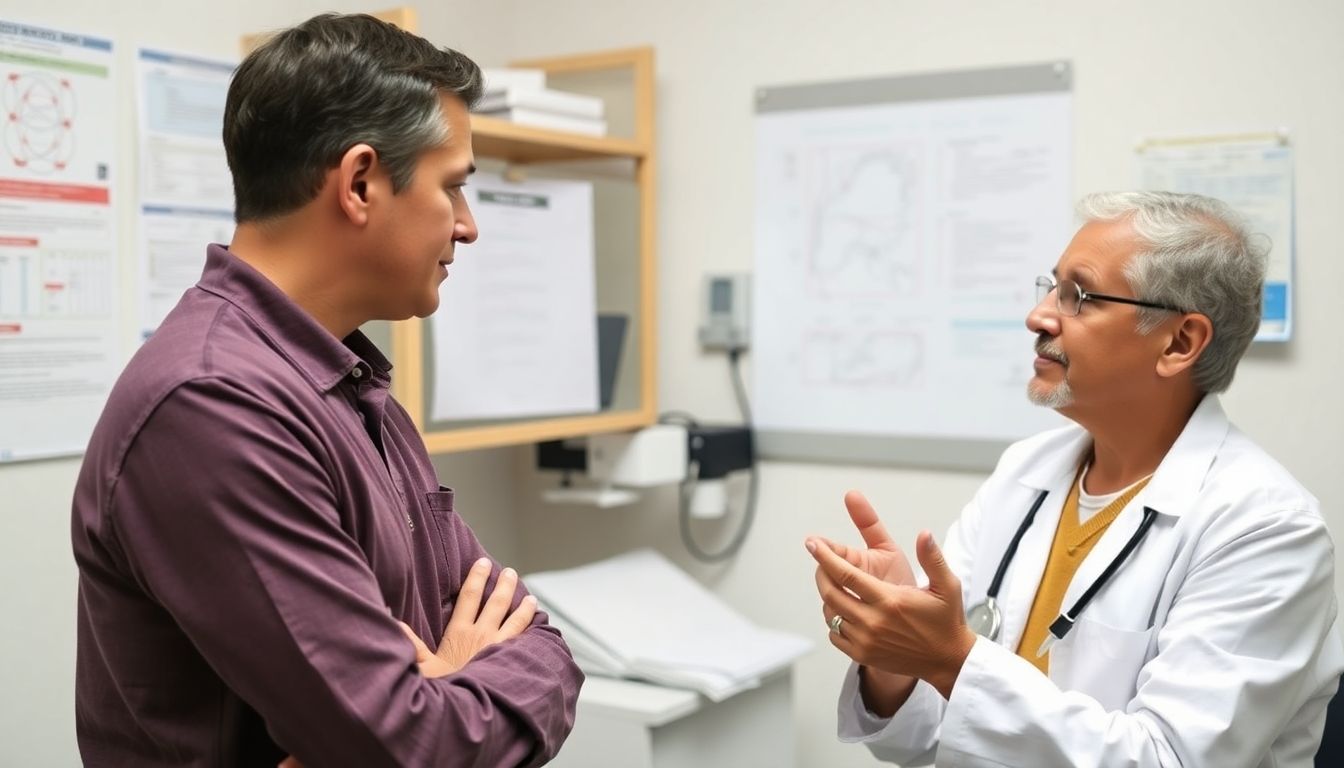 Symptome des Läuserückfallfiebers: Doctor discussing symptoms with a patient in clinic.