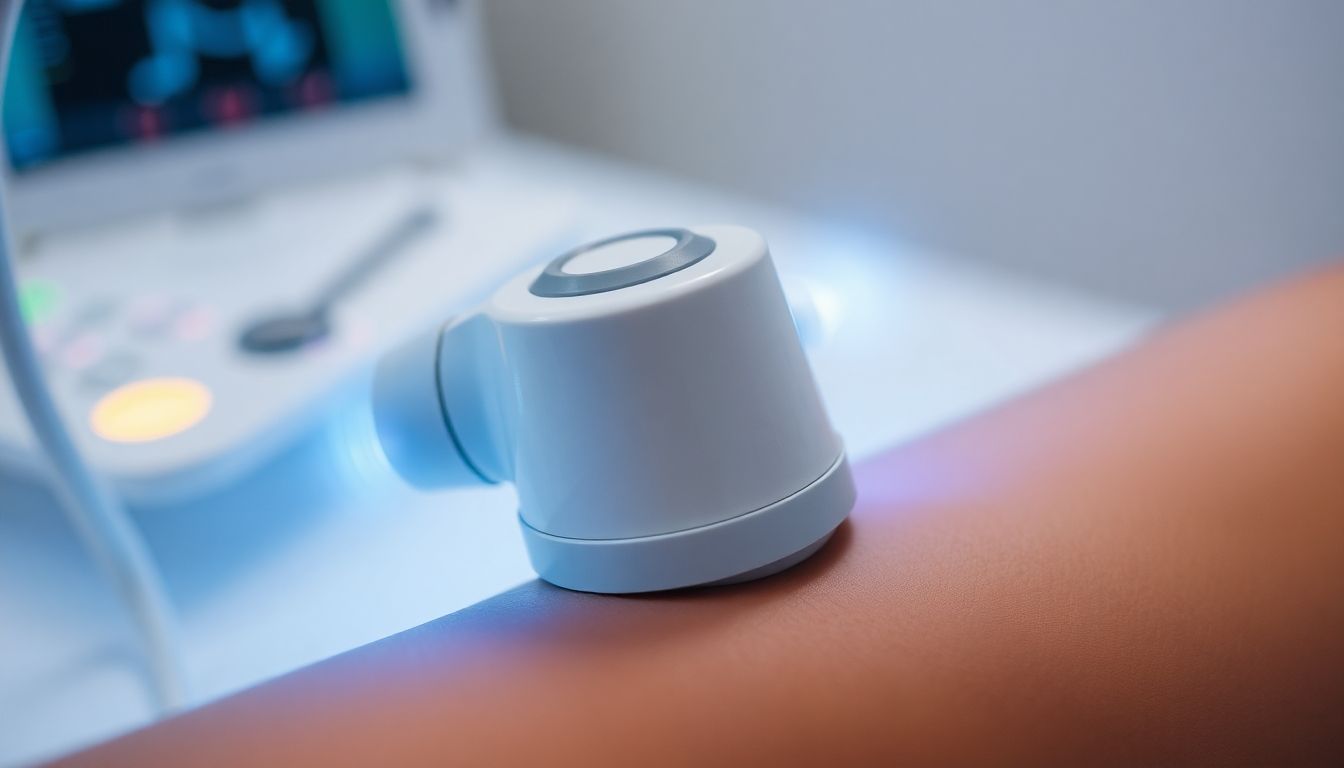 Ultraschalltherapie: Ultrasound device emitting sound waves towards a body part.