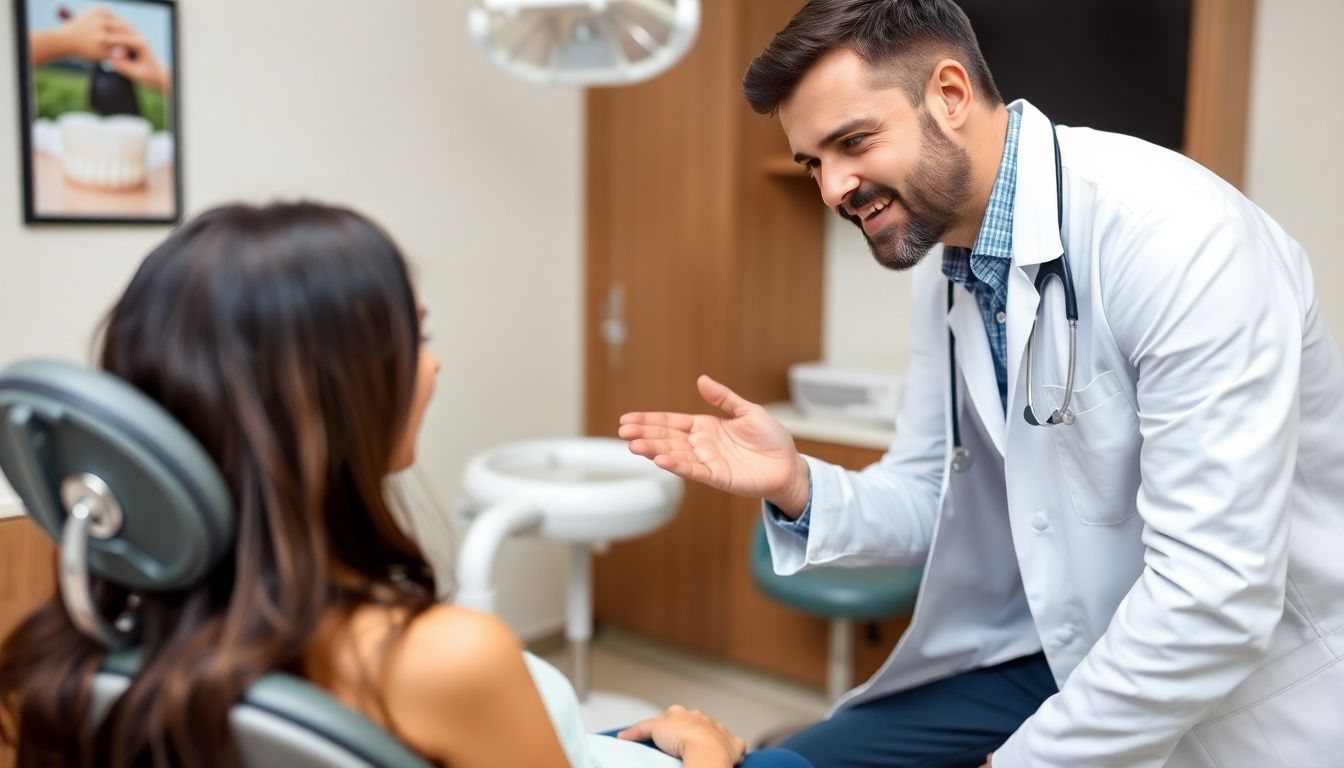 Weisheitszahn-OP: Dentist consulting with a patient about wisdom teeth.