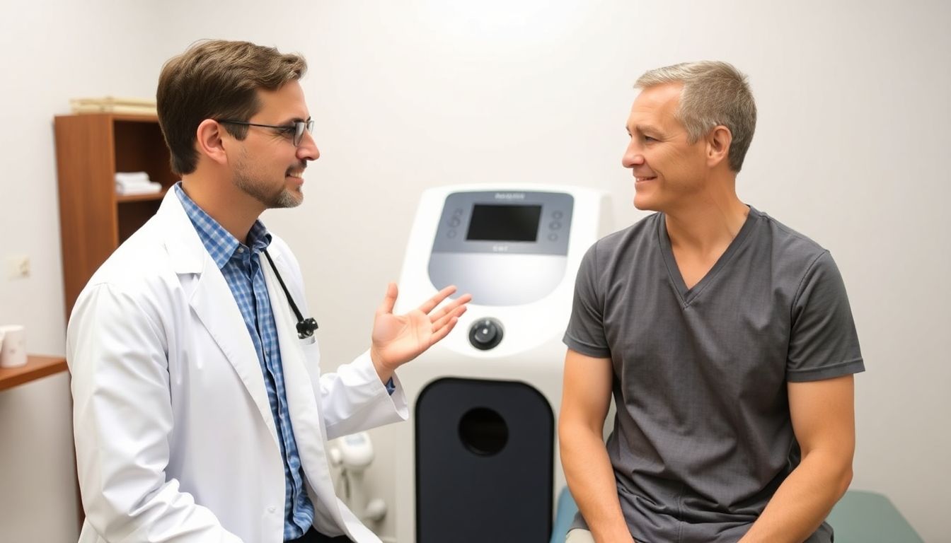 Wasserdruckstrahlmassage: Doctor discussing a water jet massage with a patient.
