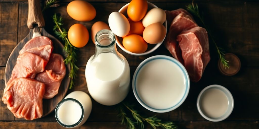 Fleisch, Eier und Milchprodukte auf Holztisch.