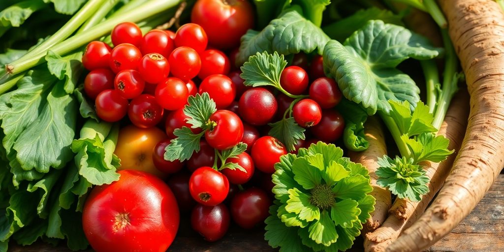 Buntes Gemüse und Obst auf Holzbrett