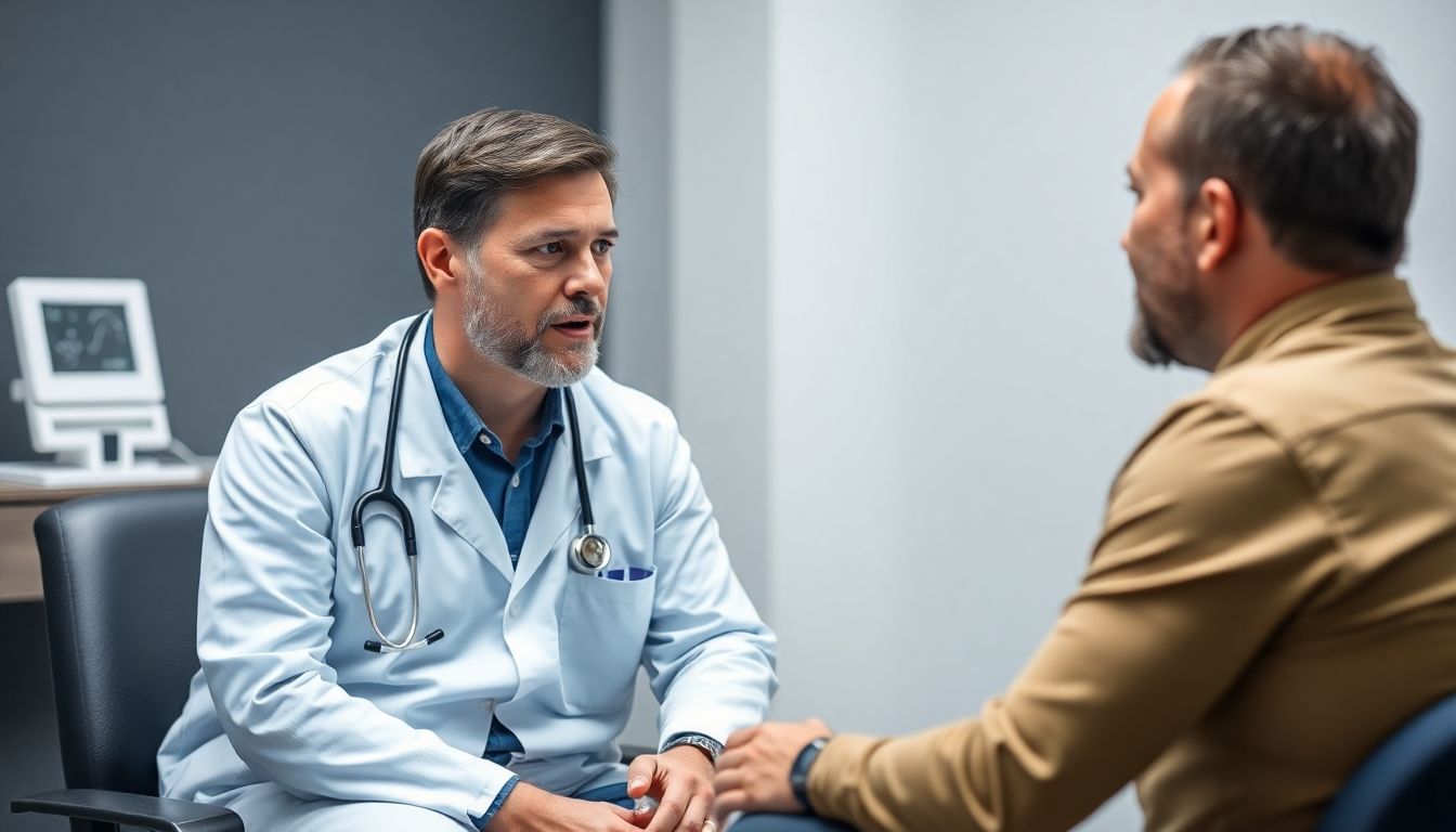 Vasektomie: Doctor consulting with a man about vasectomy.