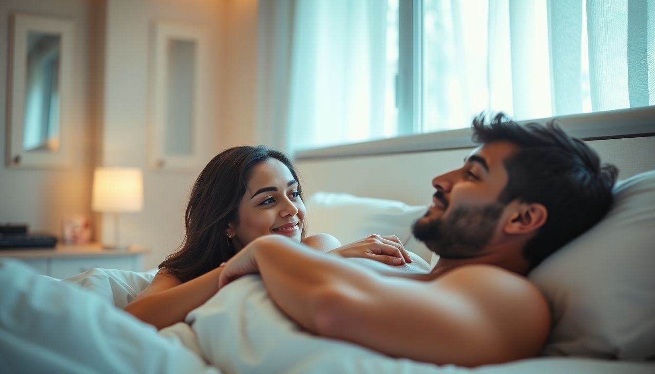 Übertragungswege der Lues: Couple in a bright bedroom, sharing an intimate moment.