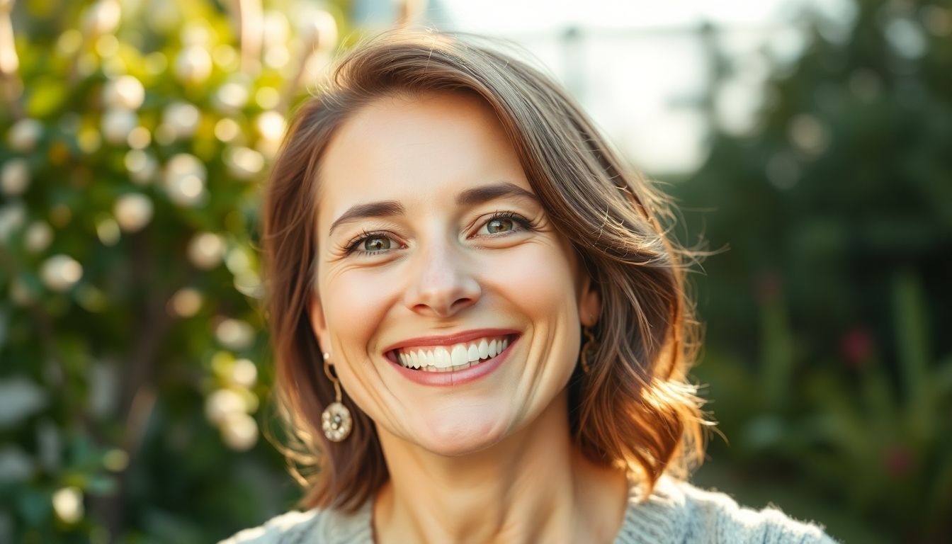 Ästhetische Aspekte der Zahnkrone: Frau lächelt mit gesunden, weißen Zähnen in hellem Licht.
