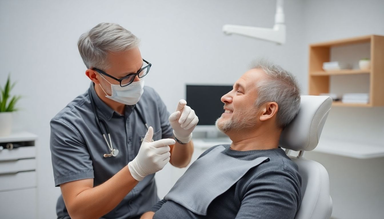 Risiken bei Zahnkronen: Zahnarzt untersucht einen Patienten mit Zahnkrone.