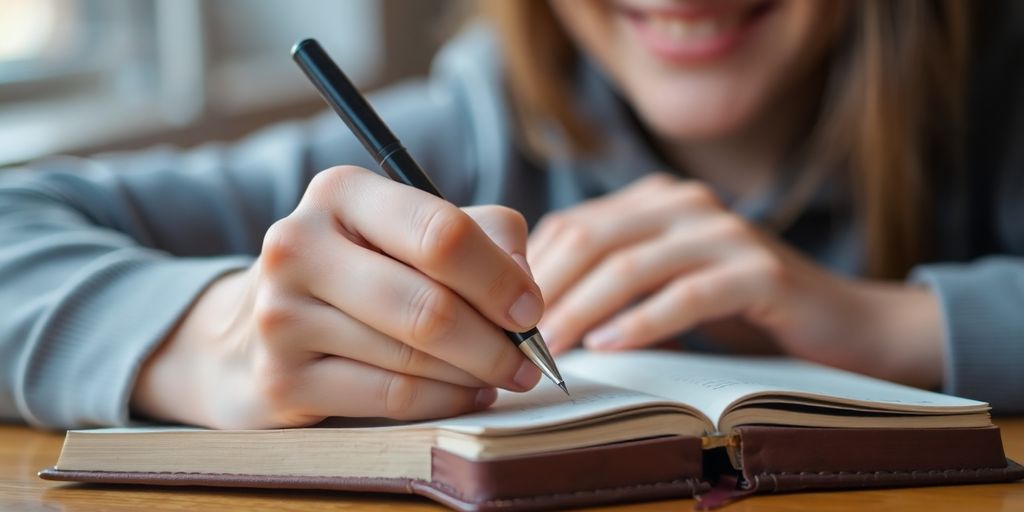 Verhaltenstherapie: Person lächelt, während sie Tagebuch führt